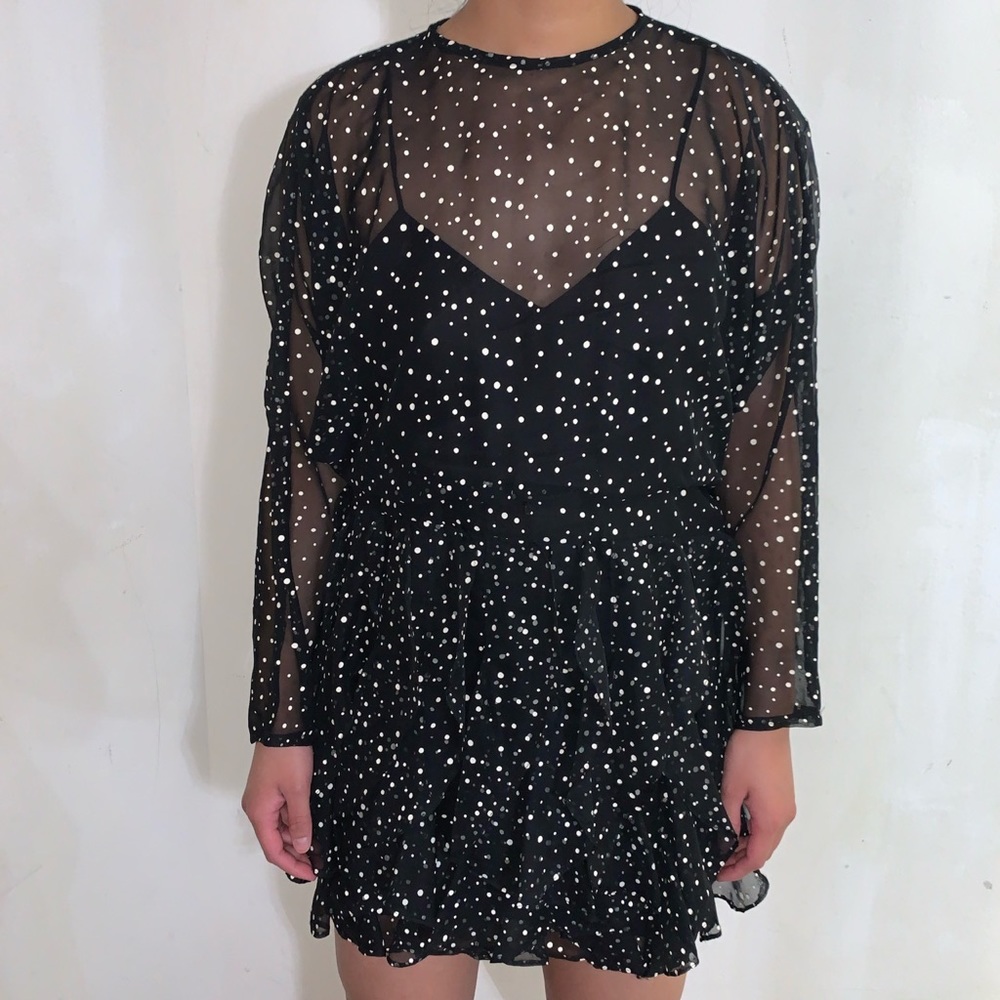 Night Way Black and White Polka Dot Ruffle Long Sleeve Dress Women’s Size 10